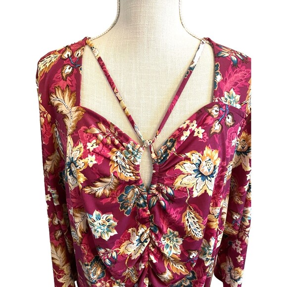 NWT Cato Woman's Beet Red Floral 3/4 Sleeve Blouse Front Ruching Size 18/20W - Picture 3 of 11